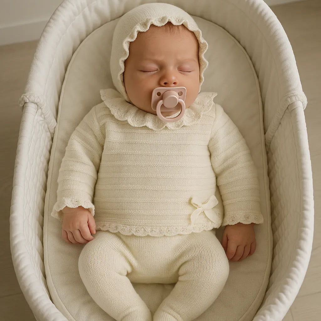 Conjunto tres piezas crudo puntilla bebé